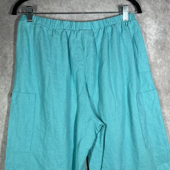 Hot Cotton Pants Womens Medium Blue‎ Linen Cropped Cargo Pockets Travel Vacation - Picture 4 of 10